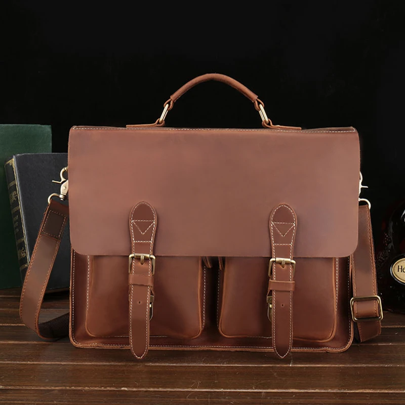 

Drop Shipping Men Briefcase Crazy Horse Leather Large Capacity Fashion Vintage Handbag Male Crossbody Messenger Bags