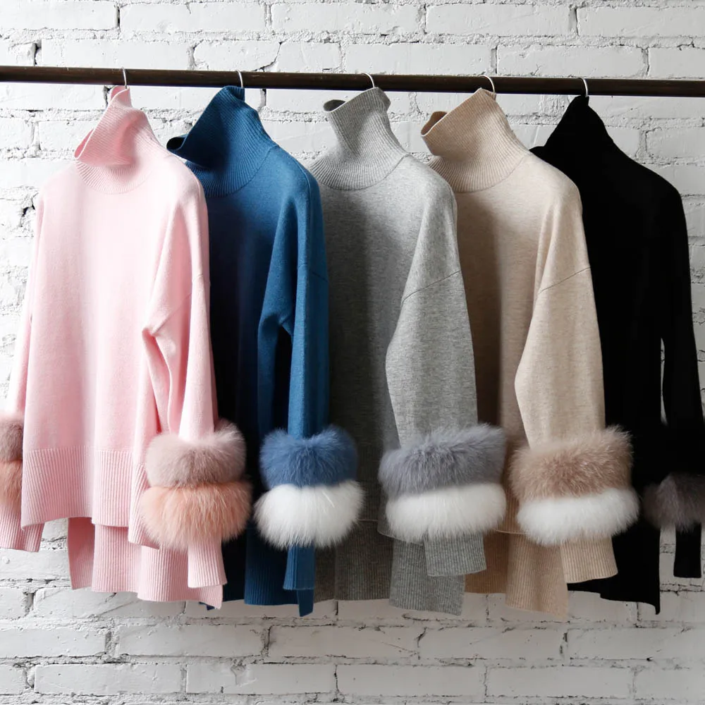 

New Arrival Ladies Autumn Winter Knit Turtleneck Sweater With Fox Fur Trim Sleeve Wool Blend Sweater, Black, light grey, beige, soft pink, dusty blue