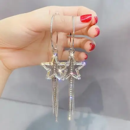 

2019 new fashion delicate crystal Star temperament long metal tassels exaggerated Women Drop earrings creative Jewelry