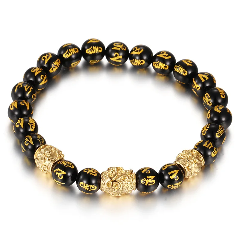 

Hot Sale 9mm Lucky Black Onyx Gold Black Bracelet Feng Shui for Men Women