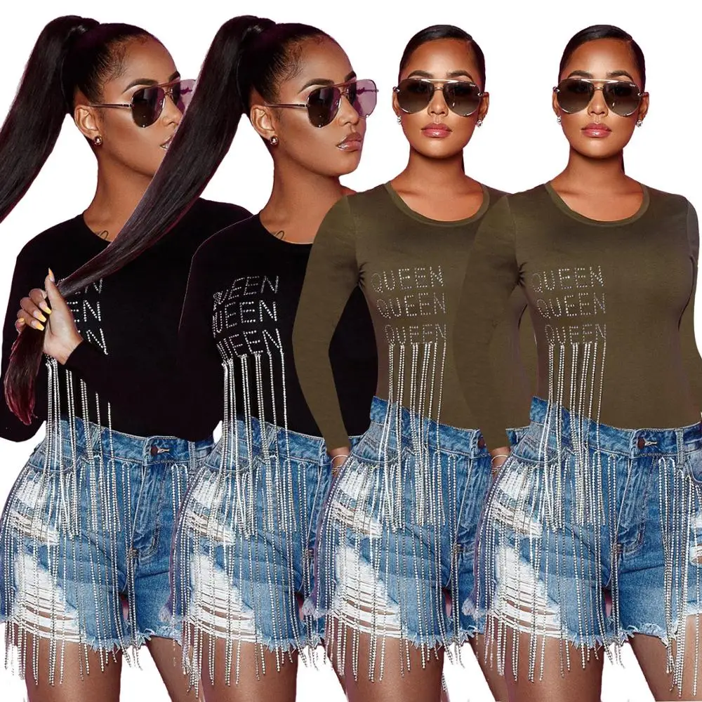 

FM-Q338 Fashion long sleeve polo t shirts for women letter ironing diamond tassel girls t shirt, As pictures