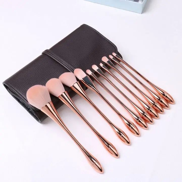 

Luxury Portable PU Leather Case 10Pcs Small waist Rose Gold Plating Goblet Handle Makeup Brushes set