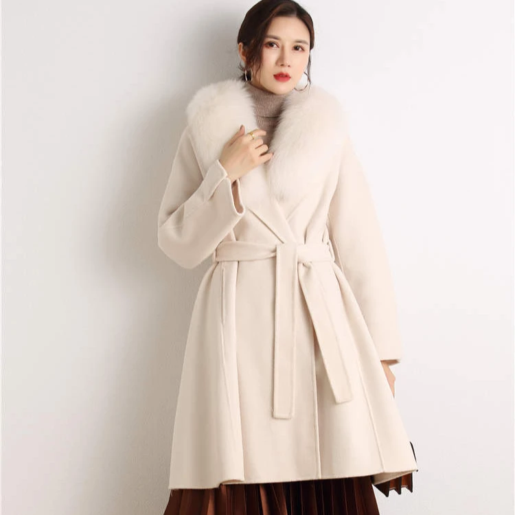 

2020 Winter Factory Wholesale High Quality Ladies Wool Cashmere Trench Coat With Waist Tab Jacket