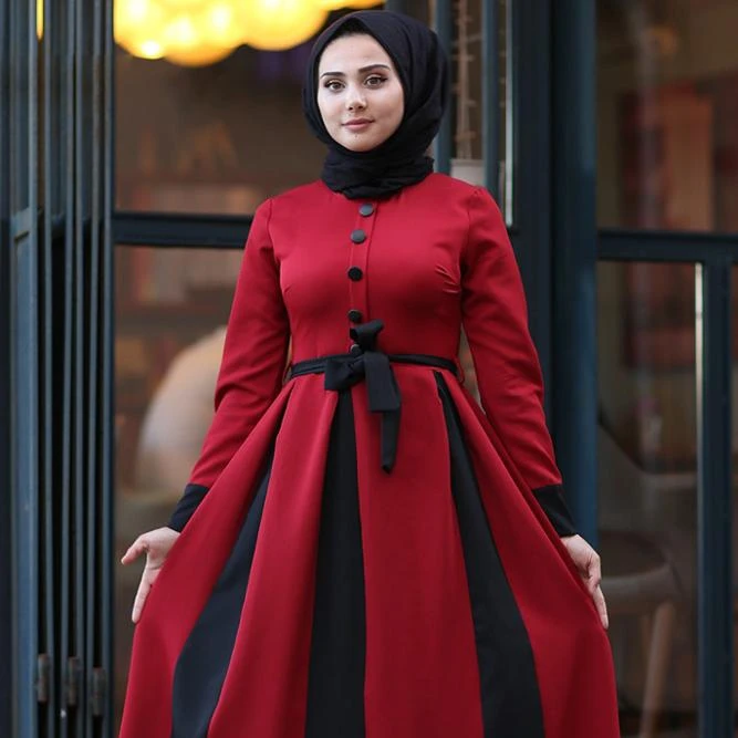 Middle Eastern Fashion Contrast Color Stitching Muslim Women Abaya Dress Round Neck Long Sleeve Big Swing Robe Dress