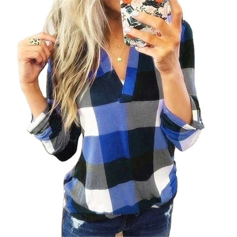 

Fashion Casual Long Sleeve Ladies Women Tricolor Plaid Blouse V Neck, As shown