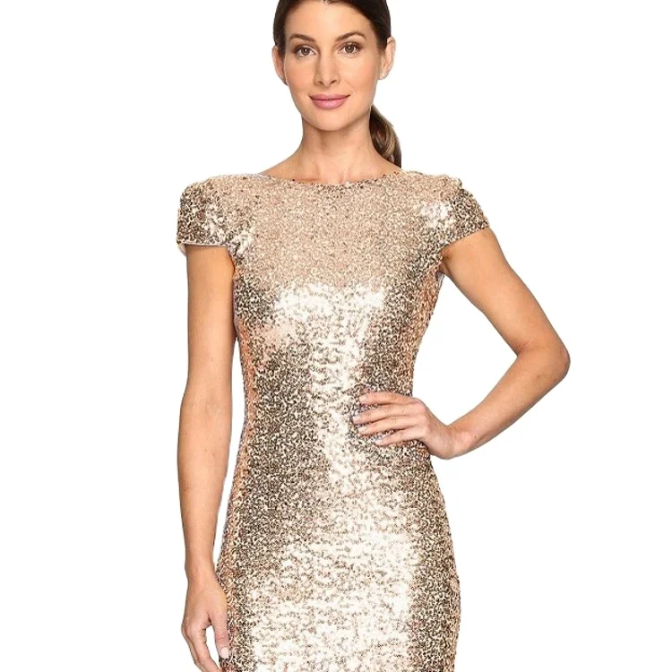 

2023 Full sequins long slim-fit U-shaped backless gold dress evening dress