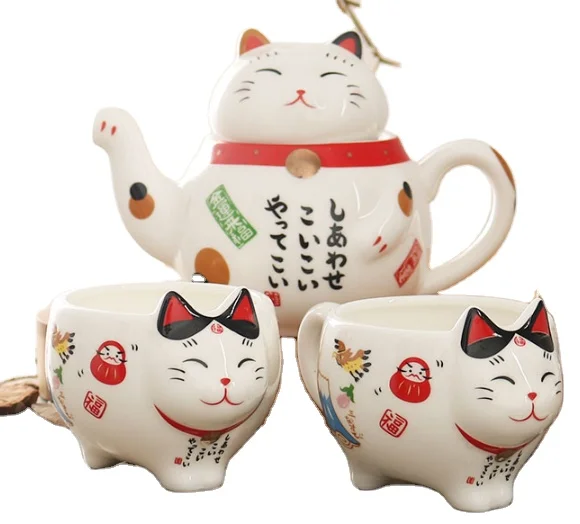 

Cute Japanese Lucky Porcelain Bone China Creative Ceramic Strainer Lovely 3d Cat Teapot Mug Tea two Cups one Pot gift set, Bone china cup