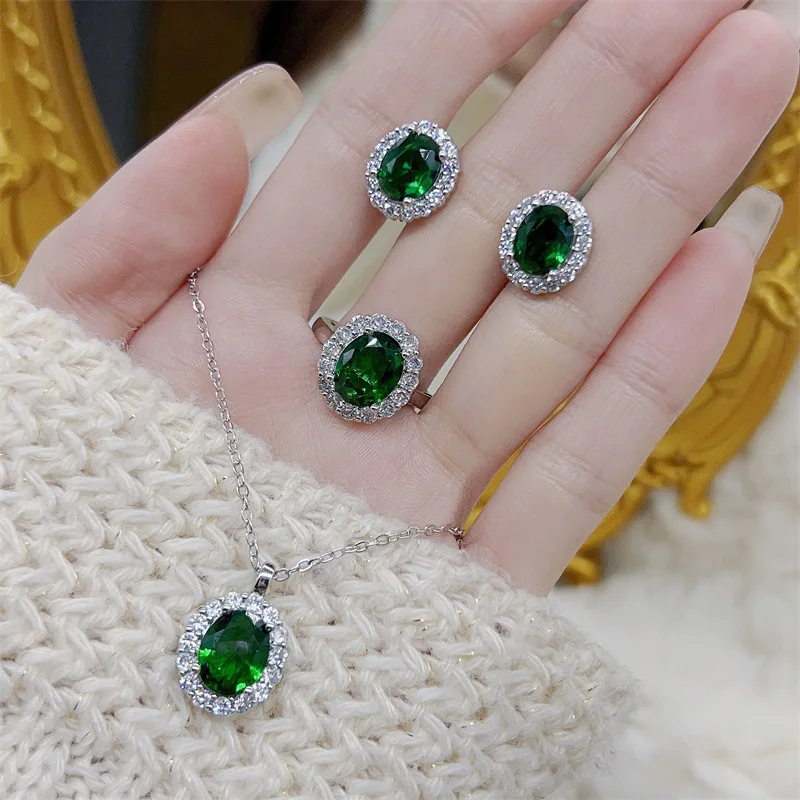 

Vintage Jewelry Green Crystal Gemstone Necklace Earrings And Ring Dainty Emerald Zircon Women Jewelry Set