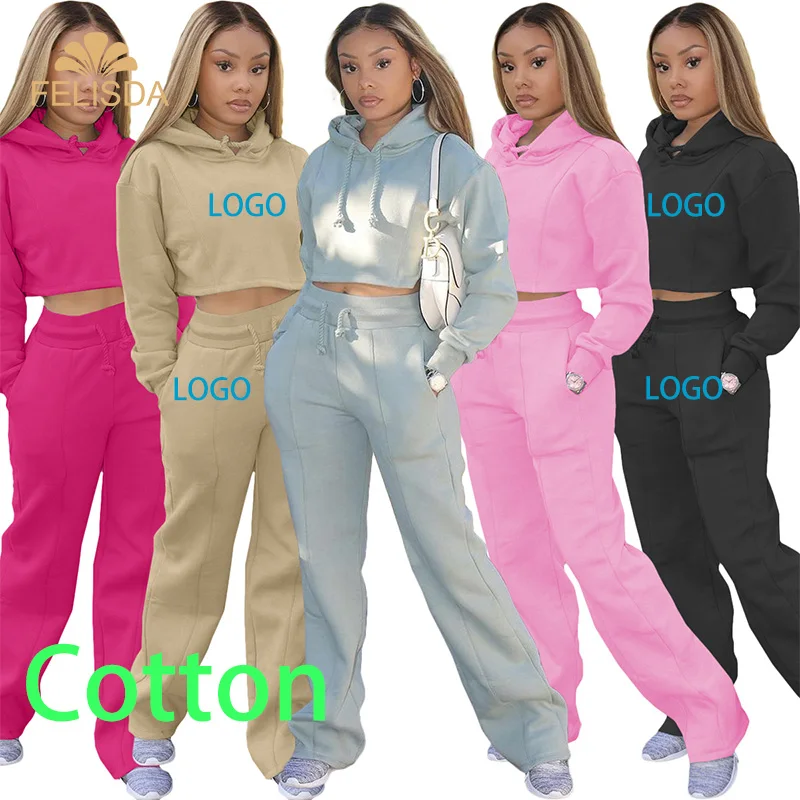 

Custom Logo Cotton Two Piece Tracksuit Set Women Hoodies Sweatshirt Drawstring Sweatpants Sports Jogging Sweat Suits