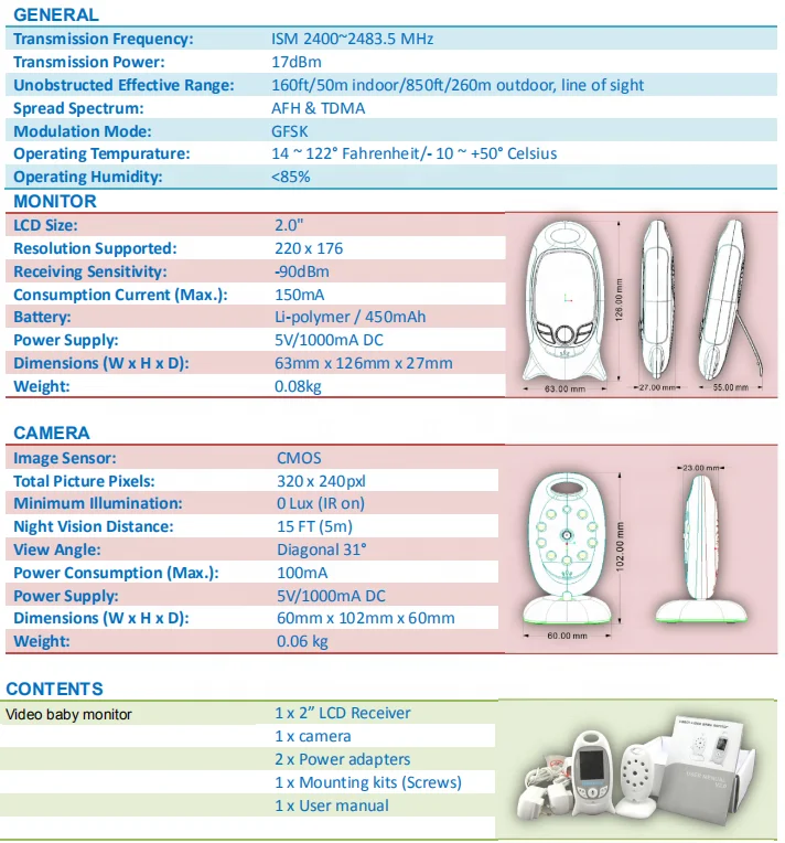 
Video Baby Monitor with Digital Camera, Long Range, Room Temperature, Infrared Night Vision, 2 Way Talk Back, Lullabies and High 