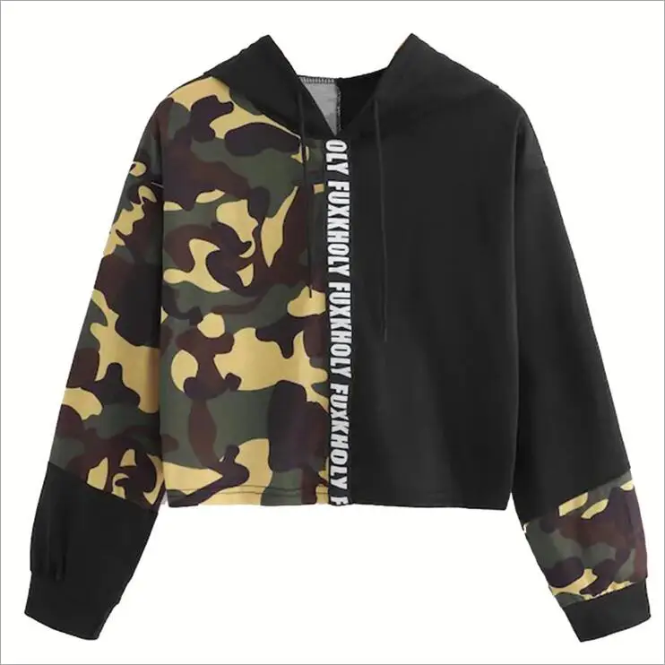 

Autumn Winter Ladies Hoodies Fashion Camouflage Printing Splice Patchwork Women Sweatshirt, Picture