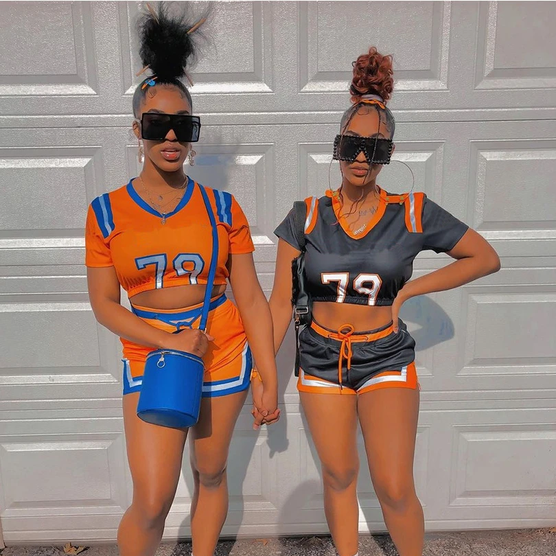 

2021 Summer Activewear Leisure Shorts Sets For Women Two Piece High Quality Sports Tracksuits -PT, Orange,black