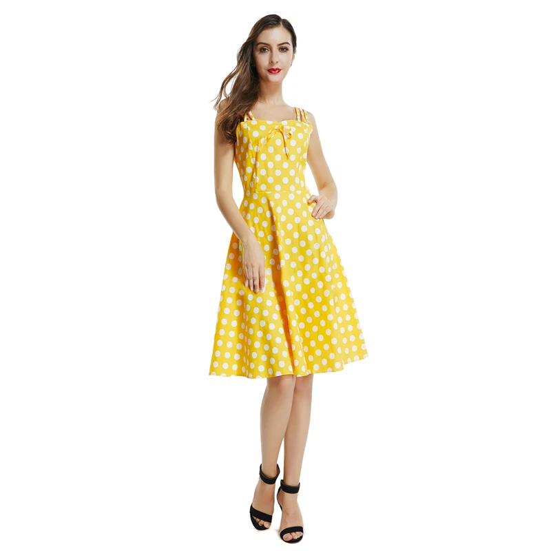 

Summer Spaghetti Strap Knee Length Dress Knee Length Skirt Polka Dots Dress Women Bow Sleeveless Casual Dresses Elegant