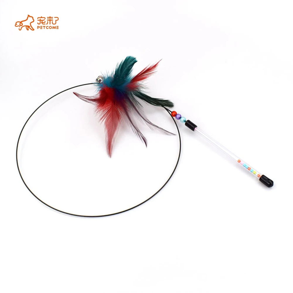 

PETCOME Lazada Top Seller Colorful Hanging Feather Vocal Bell Cat Toy Wand, As picture