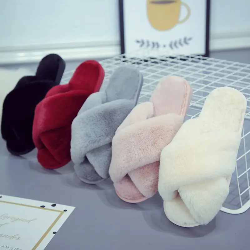 

Winter Home Slippers Shoes Ladies Cross Soft Plush Furry Female Open Toe Slides Women Warm Faux Fur Slippers