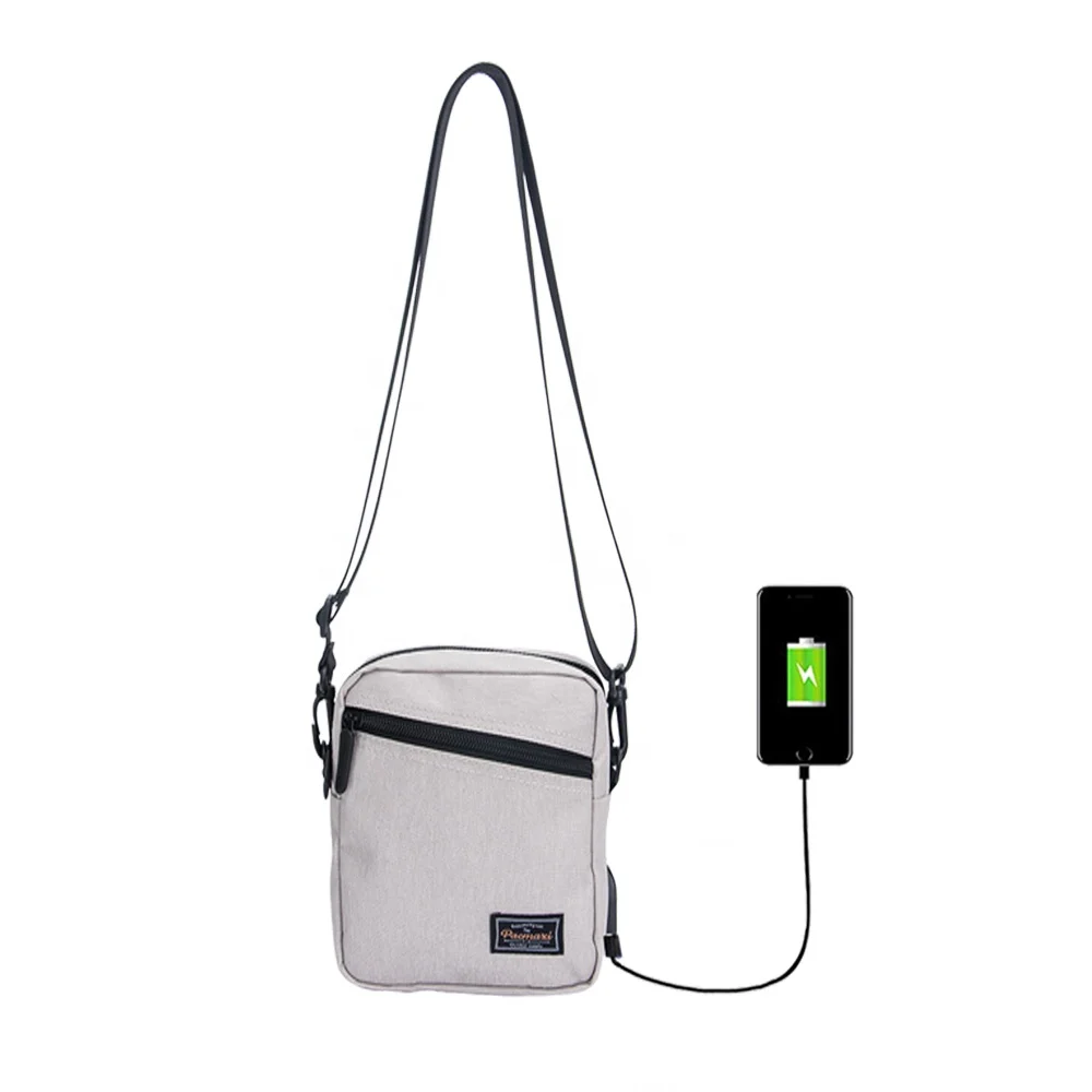 

Low Moq 600D Casual Sport travel daily Messenger Cross Body Satchel Shoulder Bag with USB Small for men, women, Gray, more 25 colors for choice