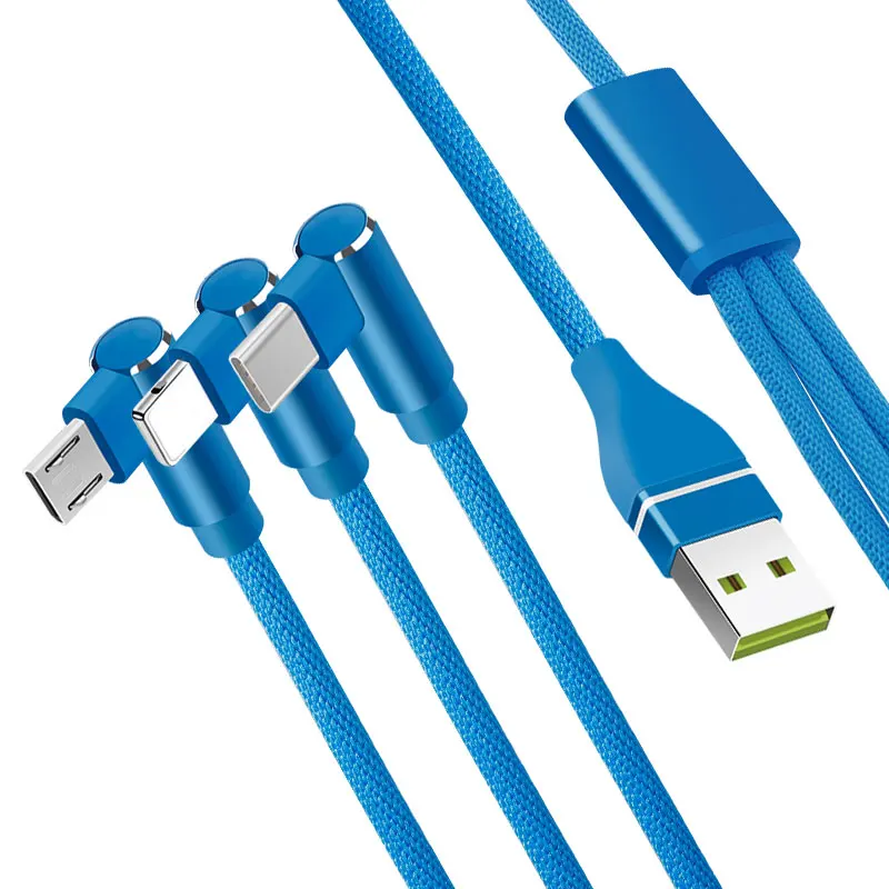 

Elbow Design 90 Degree 3A Multi Plug 3 in 1 mobile game Fast Charging Cable 1.2M Cloth Braided USB Cable for iphone for Type c, Black/brown/red/blue