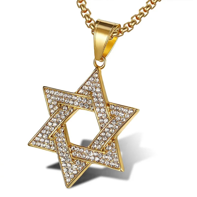 Fashion Hiphop  Man Jewelry Gold Stainless Steel Hexagram Hollow-out Star of David Stainless Steel Hollow Star Pendant Necklace