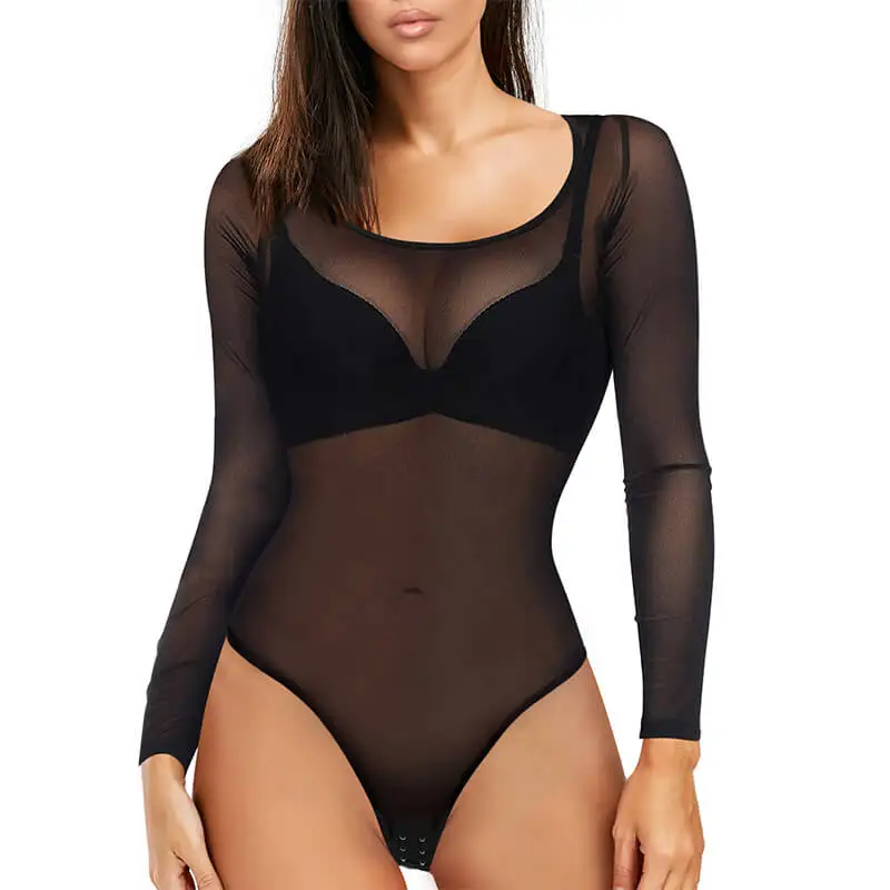 

Women's Sexy Sheer Mesh Long Sleeves Bodysuit Jumpsuit top, Black, customized color