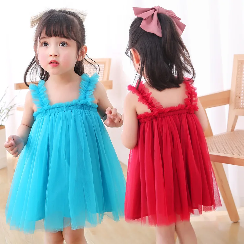 

Hot Sale Solid Color Baby Girl Dresses Kids Sleeveless Layered Party Dress Casual Summer Tulle Dress Girl for 1-6 Years, Picture shows