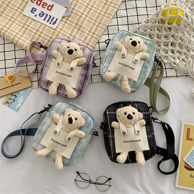 

Wholesale Fashion Messenger Bag Colorful Cute Mini Messenger Tote Bag Messenger Bag Canvas With Plush Bear