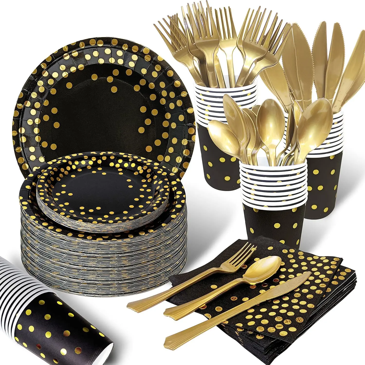 

2021 Halloween Customized 210PCS Black and Gold Tableware sets Disposable Party Dinnerware for Wholesale, Black and yellow