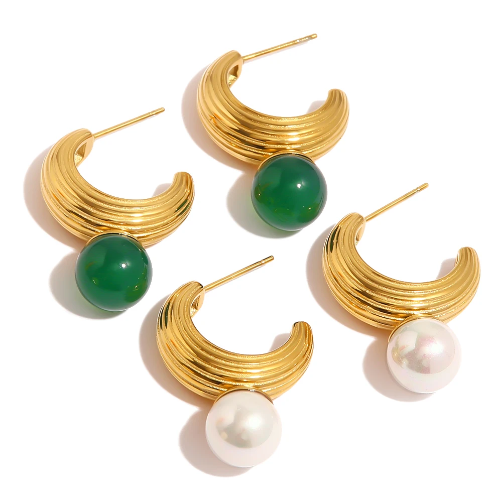 

Vintage Style Green Agate And Pearl Texture Shape Earrings 18k Gold Plated Stainless Steel Drop Earring For Girls