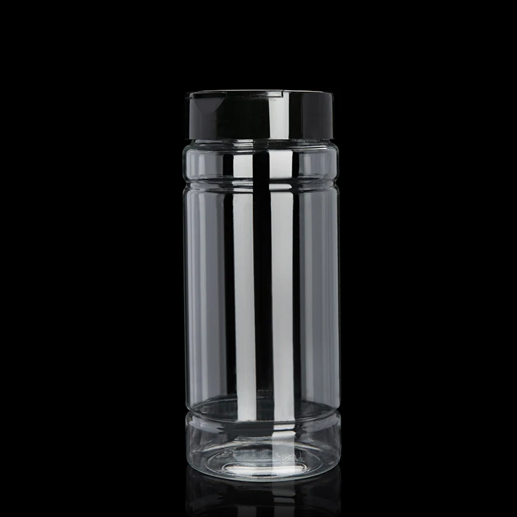 

Custom 16 oz 475 ml Empty Clear PET Plastic Spice Round Jar with Black Cap for Seasoning Pepper