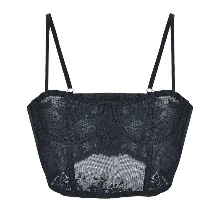 

Custom Lingerie Manufacturer Hot Sexy Lace Transparent Underwear Halterneck Underwire Bra High Quality Mesh Bralette, Black, custom color