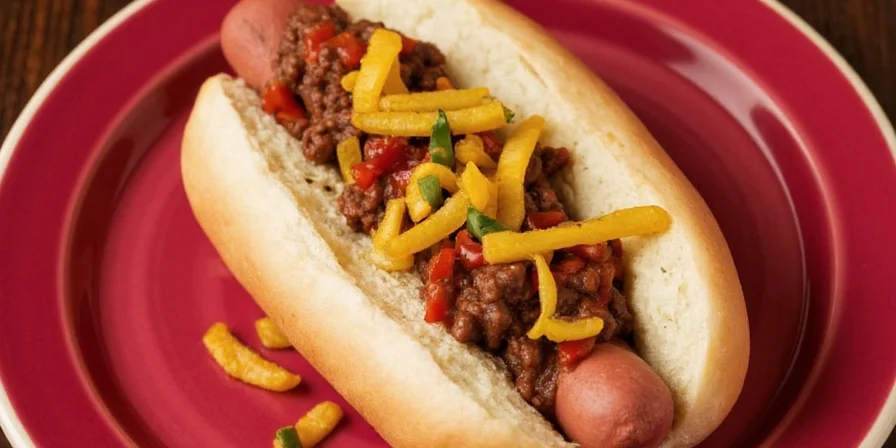 Homemade chili poured over hot dogs