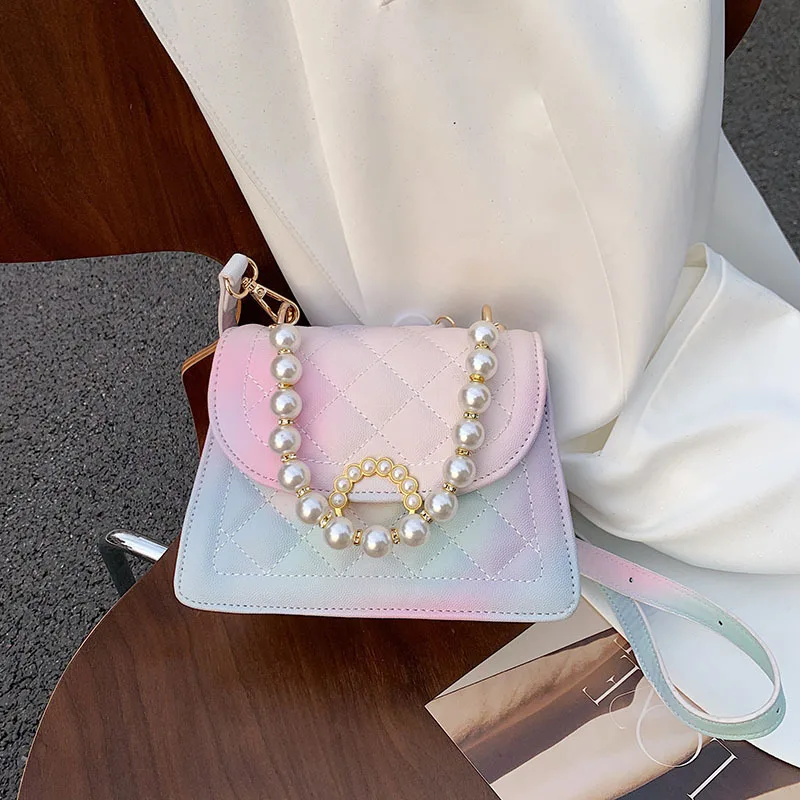 

2021 Gradient color Pearl Handle women handbags Elegant Diamond Lattice hand bags fashion purse ladies shoulder handbag, Customizable