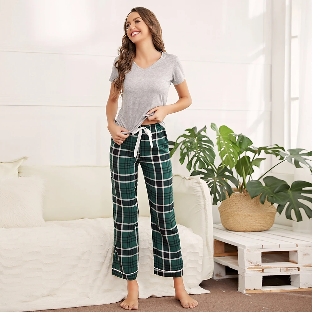 

Summer green plaid long pants pjs sets wholesale china pajamas usa luxury lounge wear clothes breathable nightwear for women