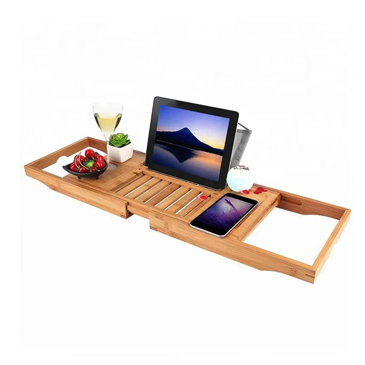 

Bamboo Black Extending Bathtub Caddy Adjustable Bath Tray With Towel Rack, Natural
