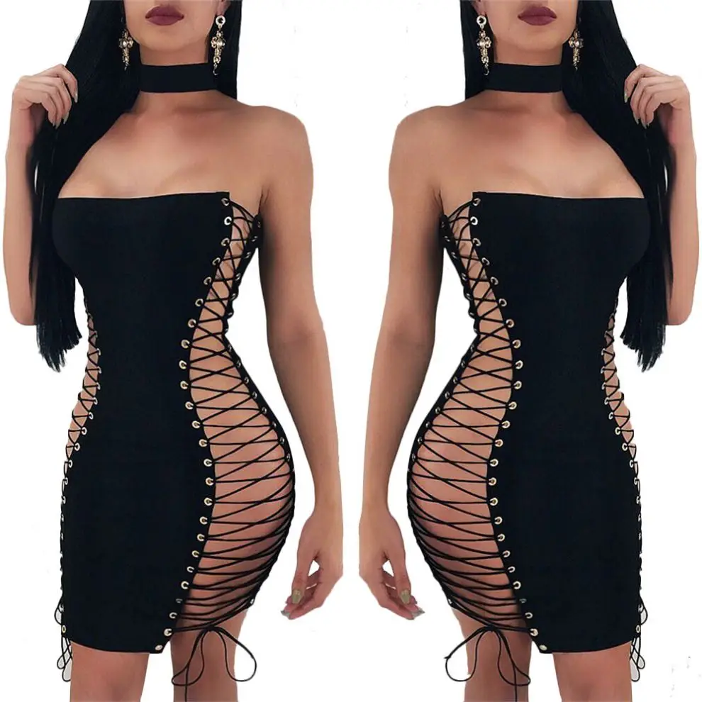 

New summer 2021 sexy double lace up bra slim dress