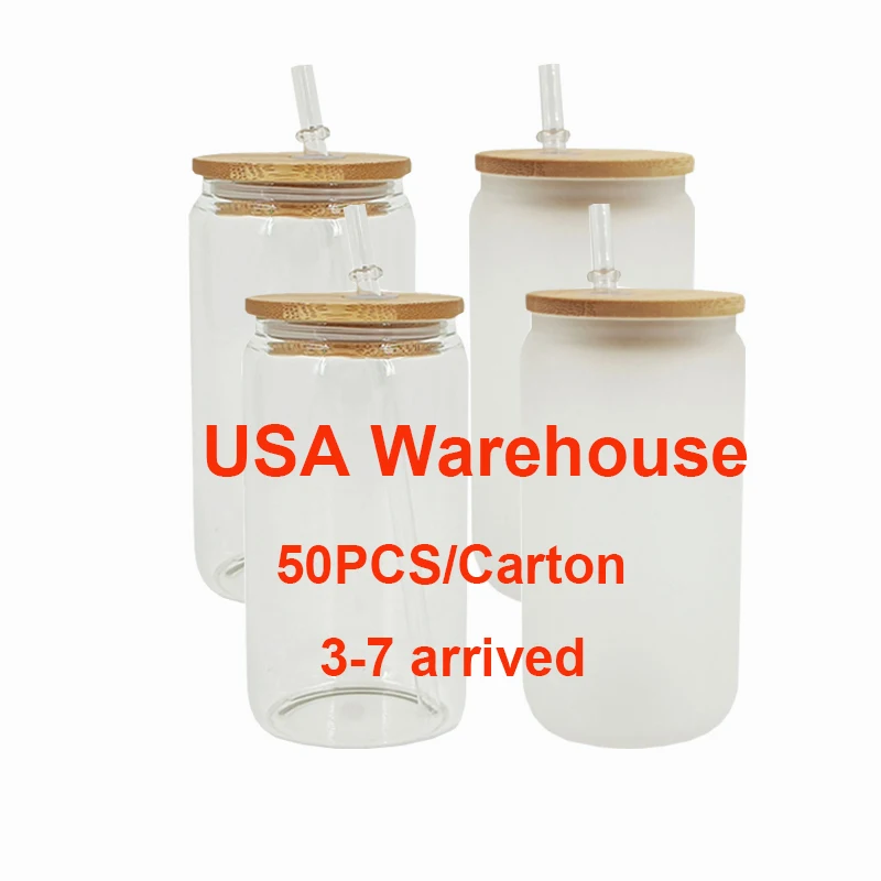 

USA Warehouse 3-7day arrived 12oz 16oz blank sublimation beverage Beer Shaped Sublimation Glass can with bamboo lid and straw, White