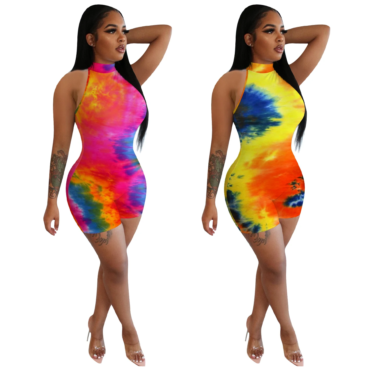 

Summer Tie Dye Cheetah Romper Women Print Slim Linen Women Romper Sexy Bodycon Jumpsuit