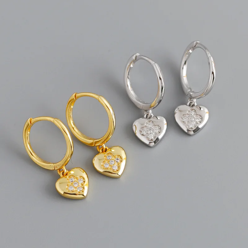 

Simple Design Lucky Four-leaf Clover Inlaid Zircon Gold Plated 925 Huggie Heart Earrings Sterling Silver, Silver,gold