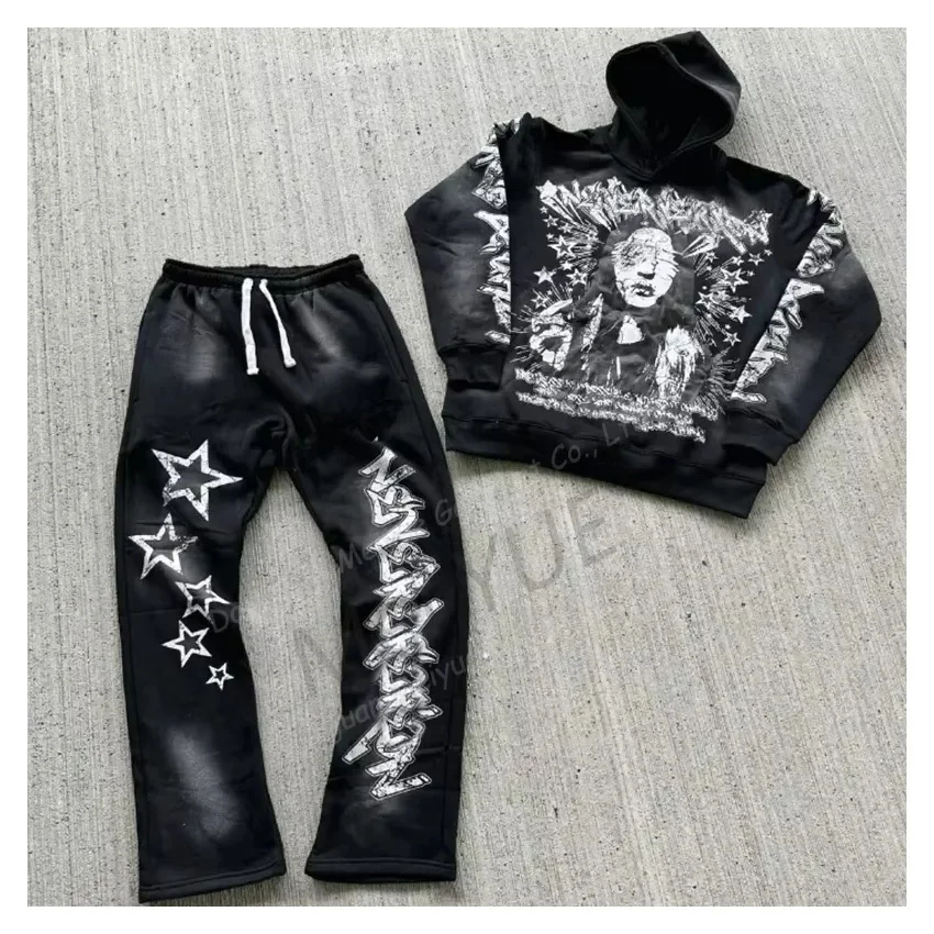 Top Fashion Screen Printing Oversized Acid Wash Distressed Hoodies Stacked Flared Sweatpants and Hoodie Tracksuit for Men