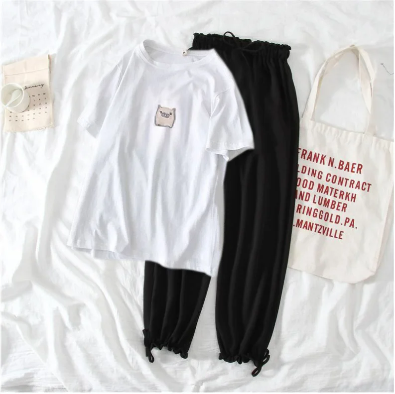 

Summer teen girl set womem clothing short-sleeved harem love was thin two-piece suit wide-leg pants