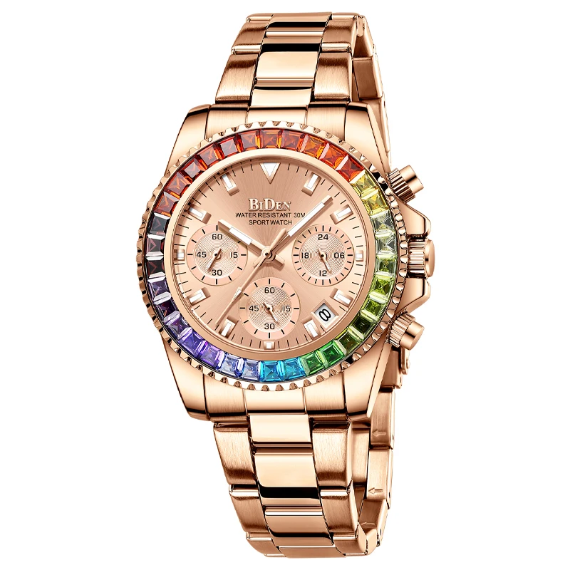 

BIDEN 0163 rainbow crystals diamond ladies watch quartz stainless steel strap chronograph wristwatch for women