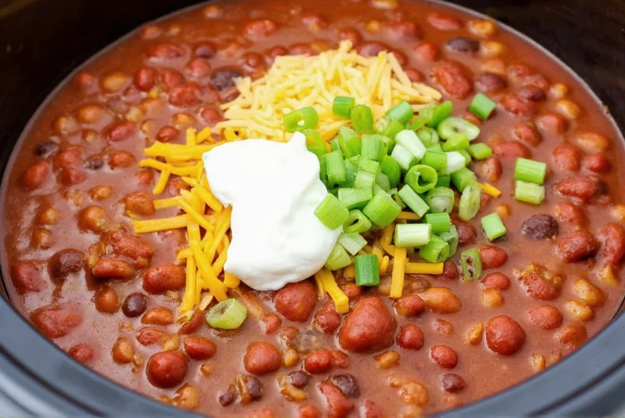 Finished crockpot chili served in bowl with various toppings including cheese, sour cream, and green onions