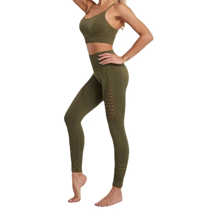 

Hip-lifting tight-fitting seamless knit wicking hollow 2 pcs sports suits fitness & yoga wear womens sportwear yoga set