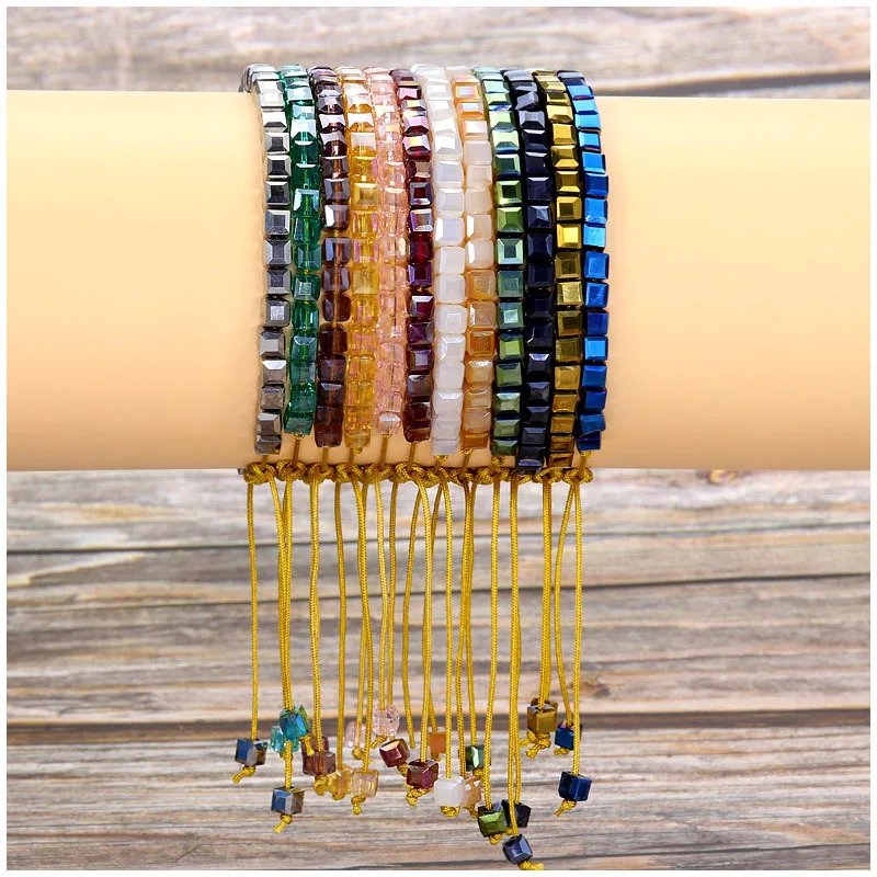 

Wholesale Factory Price Square Colorful Crystal Seed Beads Handmade Braided Bracelet Adjustable Colorful Natural Crystal Bangle, Picture