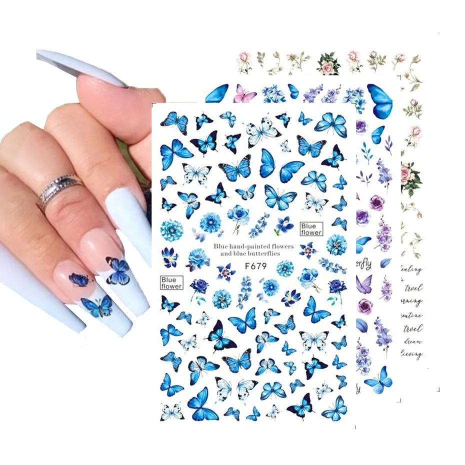 

Nails Art Manicure Blue Black Decals Spring Theme Flowers Holographic Butterflies Nail Stickers, Photo