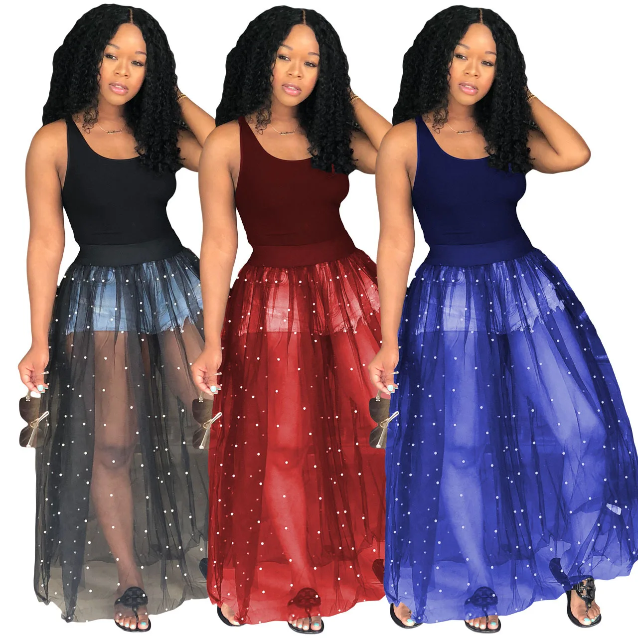 

2021 Explosion Sexy Loose Beaded Mesh Ballet Short Skirt Ladies Long Party Dress Ladies Casual Dress Dress, 3 colors