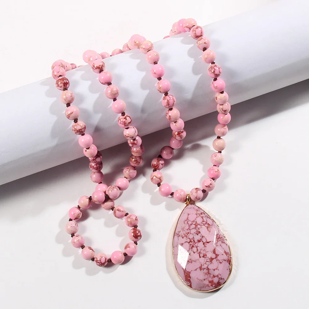 

Fashion lover gift lady Bohemian Jewelry Natural gemstone 8mm pink imperial stone Knotted drop Pendant Necklaces