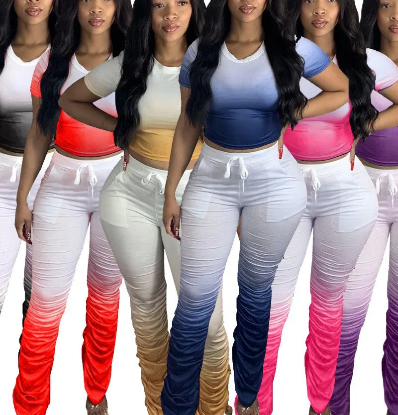 

New Design Fashion Women Casual O Neck Short Sleeve Crop Tie Dye Gradient Pleated Stacked Leggings 2 Piece Set Tracksuit, Picture