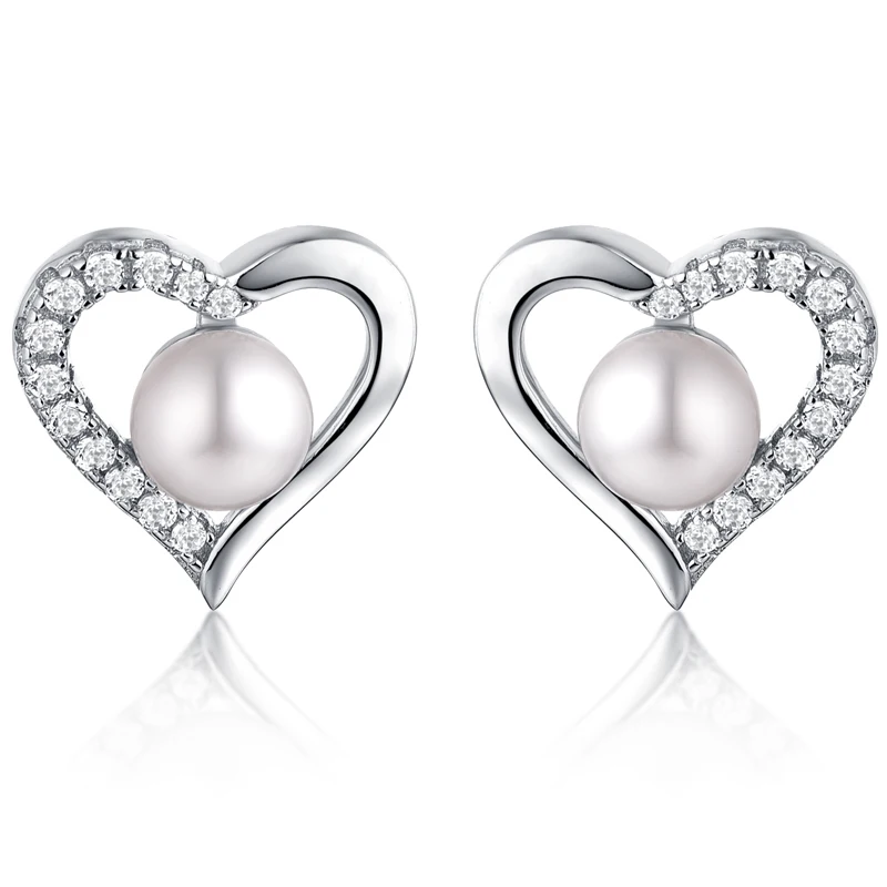 

Wholesale Customized Classic Engagement Women's Stud Earrings 925 Sterling Silver Rhodium Plated Heart Freshwater Pearl Earrings