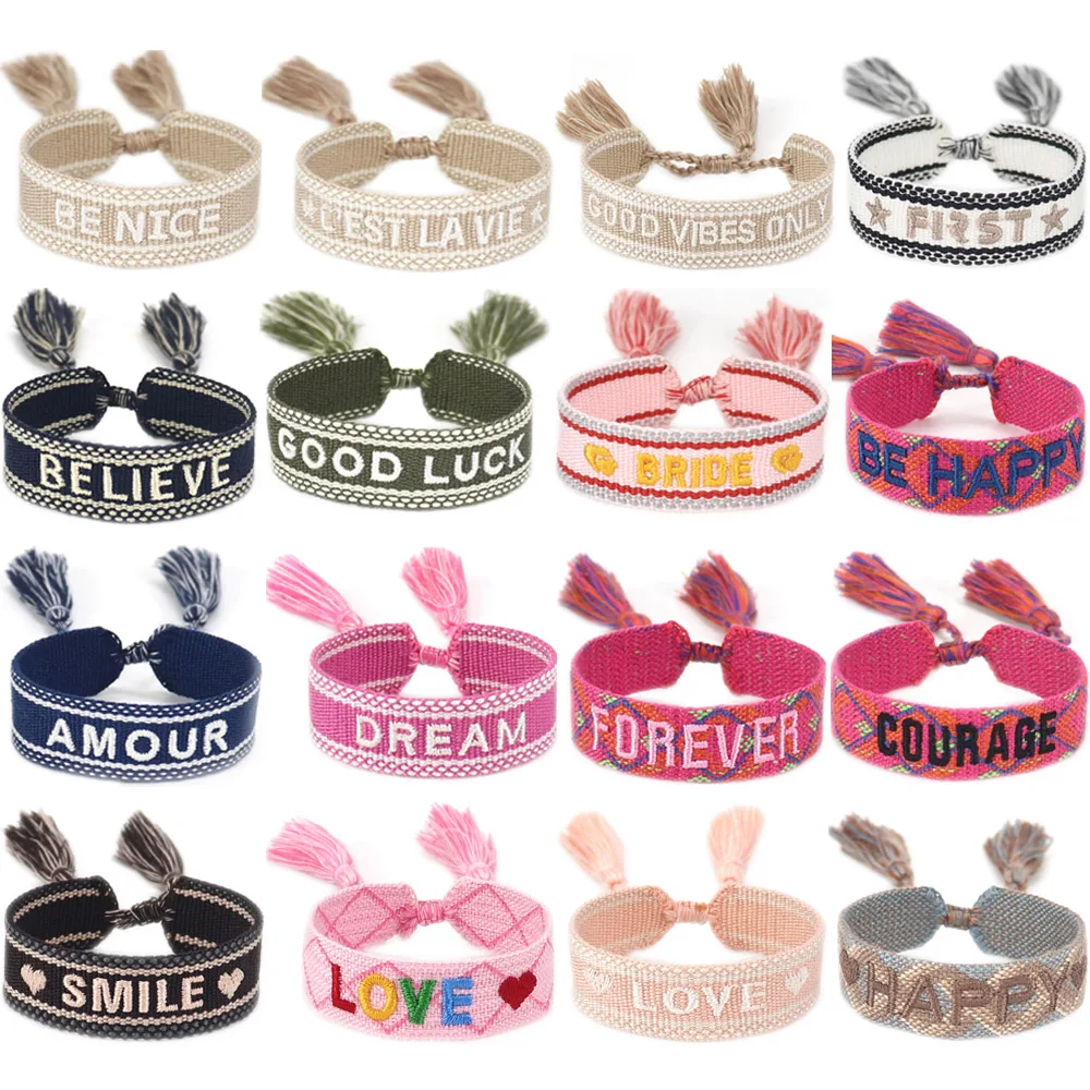 

20pcs 70 Designs WILD LOVE PEACE Custom Embroidery Bracelet GOOD VIBES ONLY BRIDE Tassel Wristband Wedding Braided Rope Bangle, 70 designs, as per picture