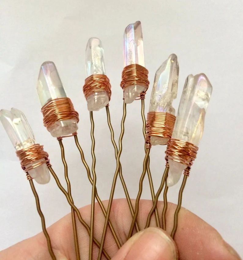 

Clear AB Crystal Point Bobby Pins Rose Gold Wire Handmade Wedding Bridal Quartz Hair Pins, As picture